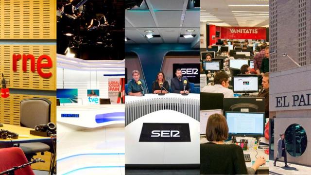 Estudios de RNE, TVE, la SER y redacciones de El Confidencial y El País / FOTOMONTAJE CG