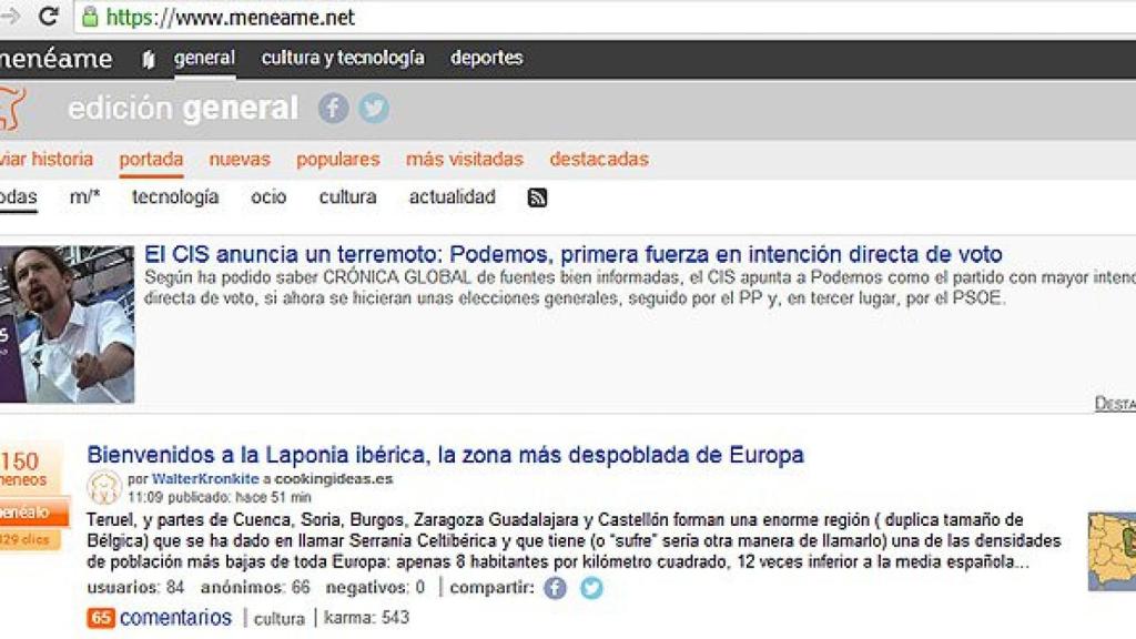 Crónica Global, portada y notícia destacada en Menéame