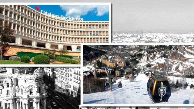 Imagen de las oficinas de Catalana Occidente y una vista de la estación de Baqueira Beret. De fondo, Madrid / CG