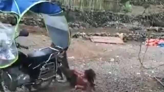 Una foto del momento en que el padre ata la pierna de su hija a la motocicleta