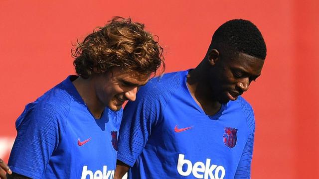 Griezmann y Dembelé durante un entrenamiento/ EFE