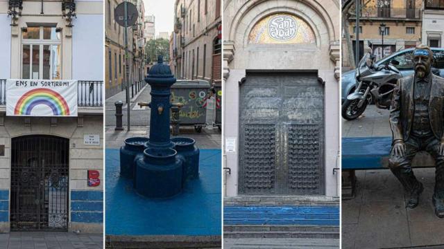 La sede del distrito de Gràcia, una fuente, la iglesia de la plaza de la Virreina y el monumento de la plaza Rovira, pintados de azul / TWITTER