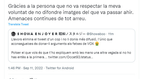 Missatge de la periodista agredida en vigílies de la Diada / TWITTER
