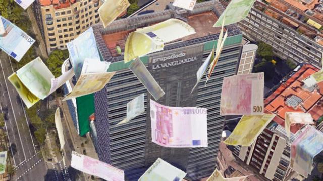Sede de 'La Vanguardia' y billetes que vuelan / FOTOMONTAJE CG