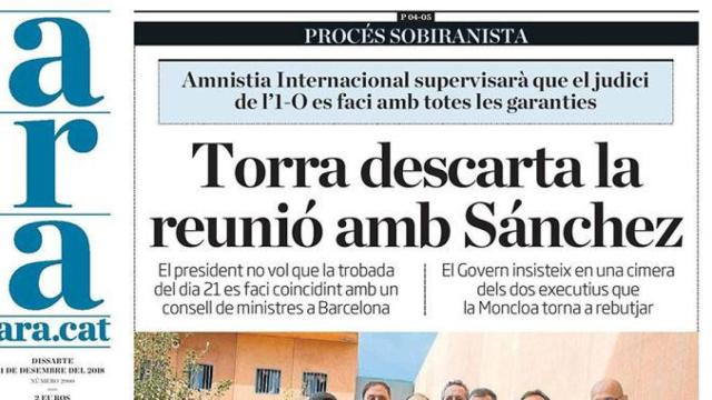 Portada de la edición impresa del diario 'Ara'
