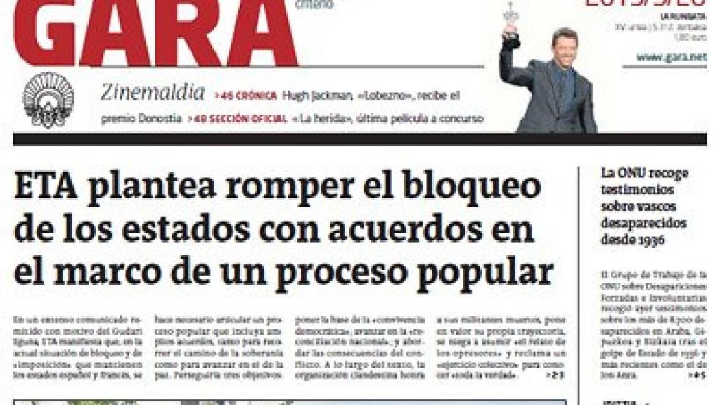 Portada del diario 'Gara' con el mensaje de ETA