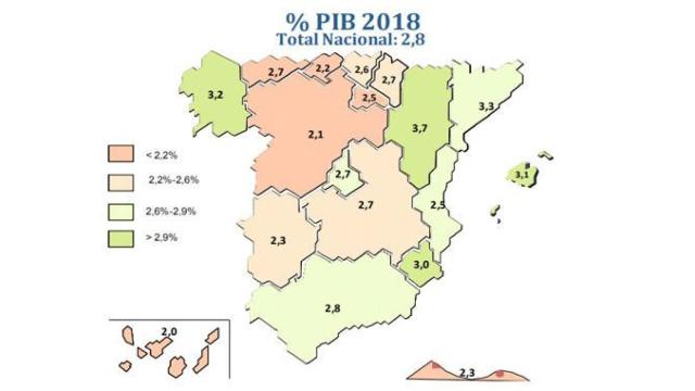 Crecimiento estimado del PIB en junio para 2018, por comunidades autónomas / CEPREDE