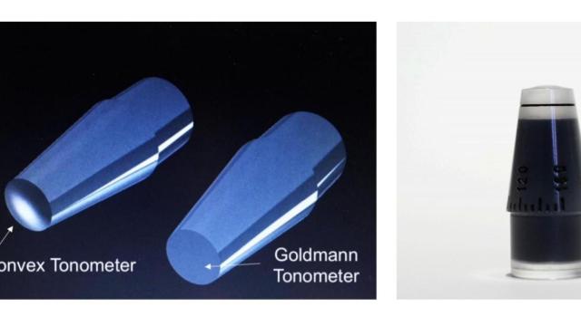 El nuevo tonómetro para personas con miopía (i), comparado con uno convencional (c) / GERMANES HOSPITALÀRIES