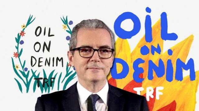 Pablo Isla, presidente y consejero delegado de Inditex junto a dos de las ilustraciones de la colección 'Oil on Denim' de Zara / FOTOMONTAJE DE CG