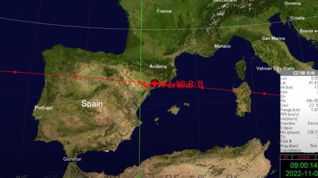 Trayectoria sobre España de los restos del cohete chino / SATELLITE TRACKER 3D
