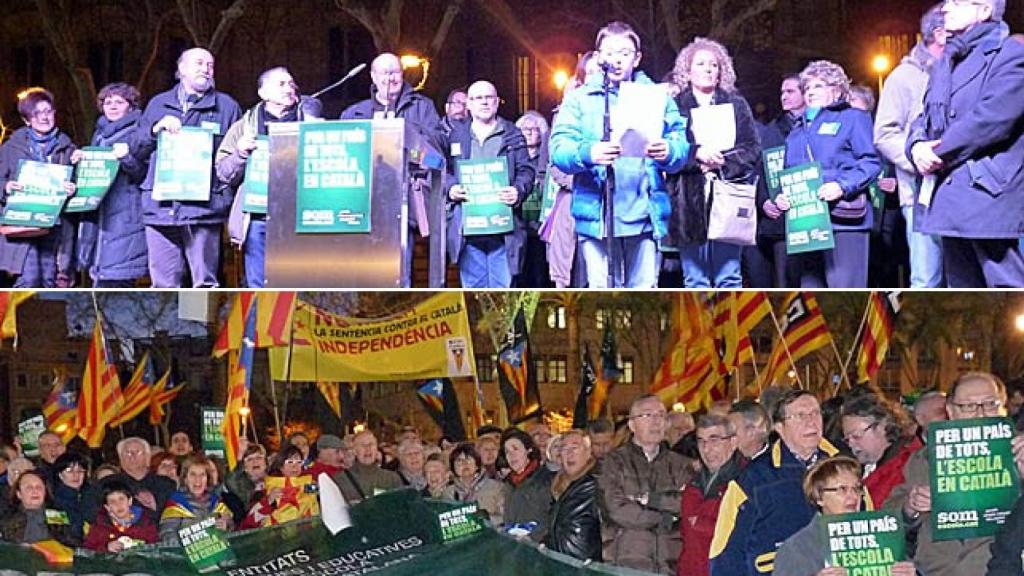 Un niño lee el manifiesto en contra de que un 25% de las asignaturas se impartan en castellano (arriba); asistentes a la concentración convocada por Som Escola en defensa de la inmersión lingüística escolar obligatoria exclusivamente en catalán (abajo).