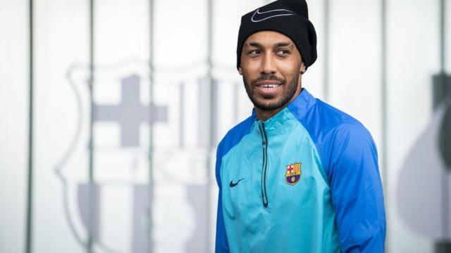 Pierre Emerick Aubameyang, durante un entrenamiento del Barça / FCB