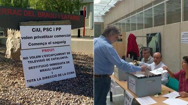 A la derecha, un momento de la votación de la consulta sobre la petición de cese de Duart; a la izquierda, un cartel crítico con la decisión adoptada por la CCMA y con apoyo de CiU, PSC y PP