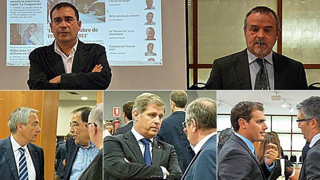 Alejandro Tercero, Francesc Moreno, Pere Navarro, Francesc de Carreras, Alberto Fernández Díaz y Albert Rivera, en distintos momentos del acto de presentación en sociedad de CRÓNICA GLOBAL