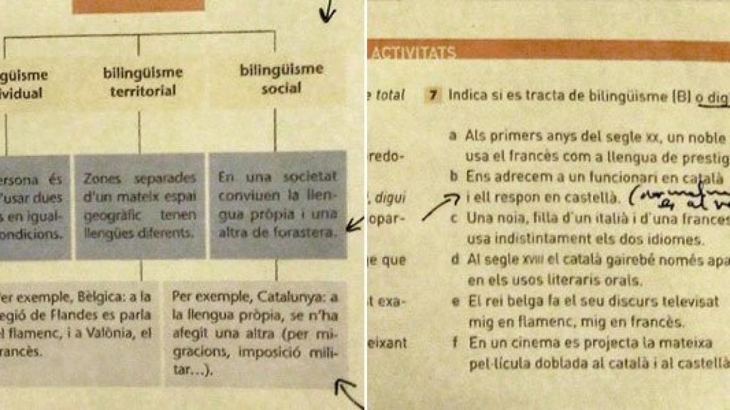 Libro de 3º de ESO de un colegio público de Cataluña en el que se define al castellano como una lengua forastera que llegó a Cataluña por imposición militar