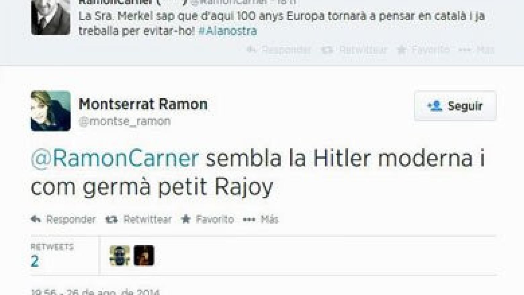 Tuit de la concejal de ERC en Ribera d'Urgellet, Montserrat Ramon, en el que califica a Angela Merkel de Hitler moderna