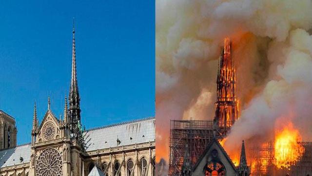 Aguja de la catedral de Notre Dame, antes y después del incendio / EFE