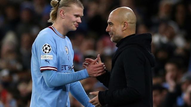 Erling Haaland y Pep Guardiola, tras el Manchester City-Leipzig / EFE