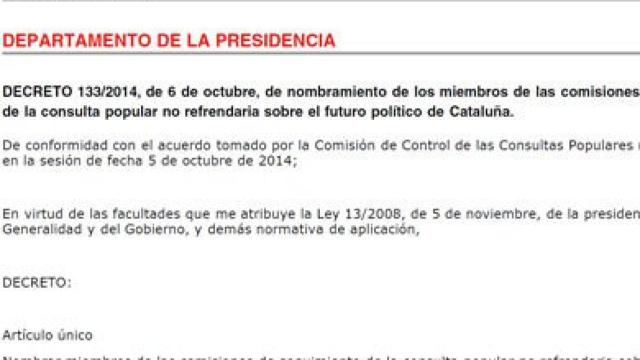 Decreto de nombramiento de los miembros de las comisiones de seguimiento del 9N