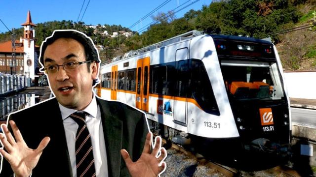 Josep Rull, consejero de Territorio y Sostenibilidad de la Generalitat de Cataluña, y uno de los modelos 113 que circulan en la línea de FGC de Barcelona-Vallès / FOTOMONTAJE DE CG