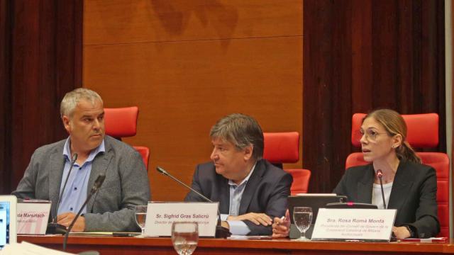 El director de Catalunya Ràdio, Jordi Borda (i), el de TV3 Sigfrid Gras (en el centro), y la presidenta de la CCMA, Rosa Romà (d) / PARLAMENT