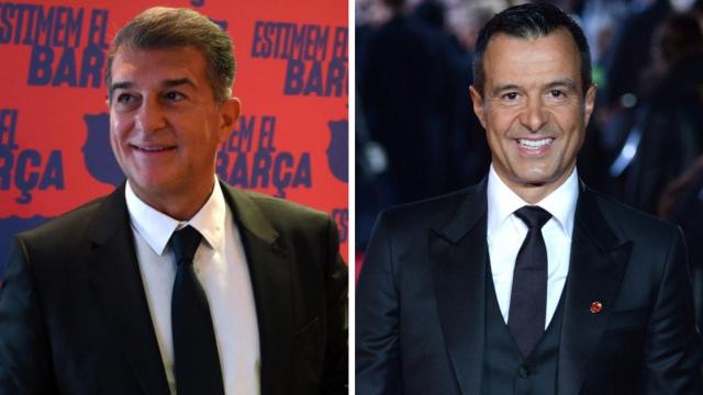 Joan Laporta y Jorge Mendes, representante de Ansu Fati, en un fotomontaje / Culemanía