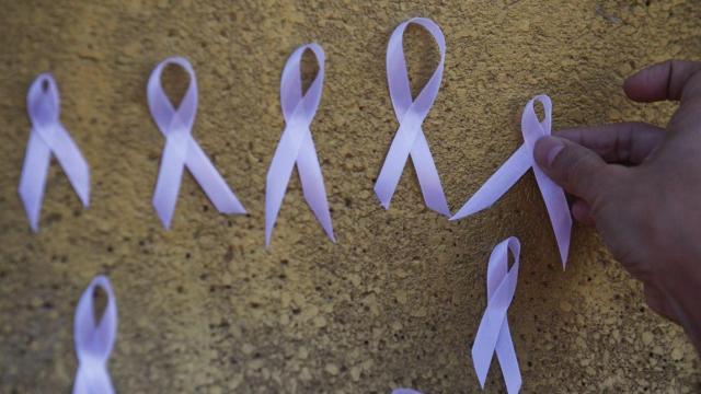Lazos morados, símbolos contra la violencia machista, en un muro / EFE