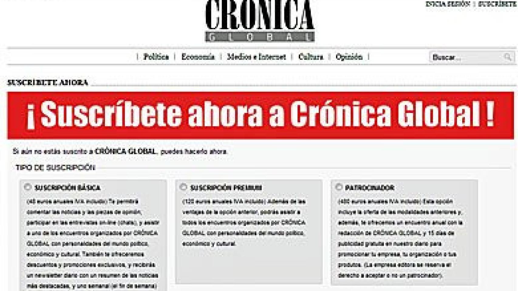 Página de suscripción a CRÓNICA GLOBAL