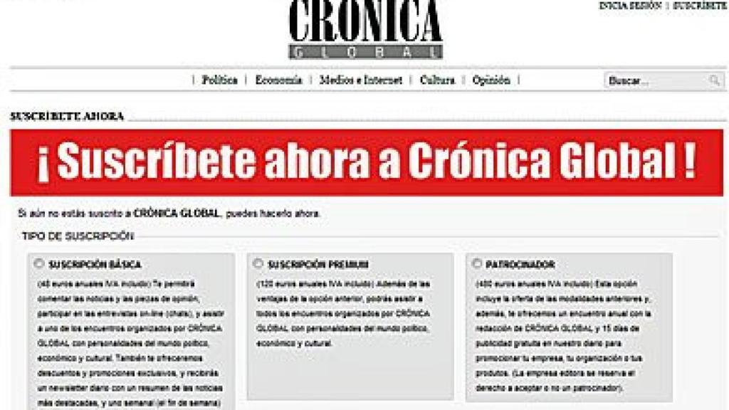 Página de suscripción a CRÓNICA GLOBAL