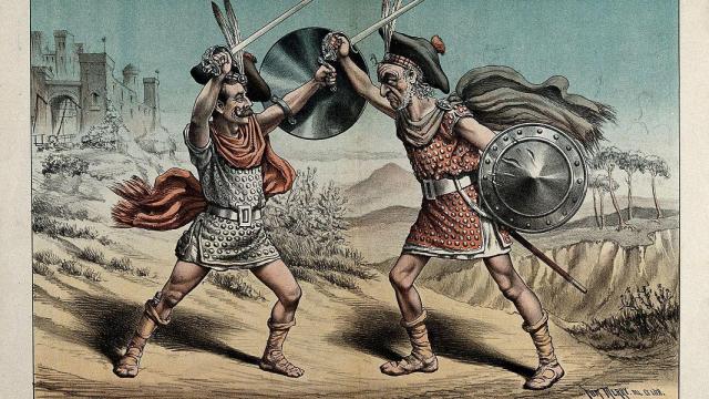 Caricatura que representa al político británico William Gladstone disfrazado de Macbeth y batiéndose en duelo / WELCOME IMAGES