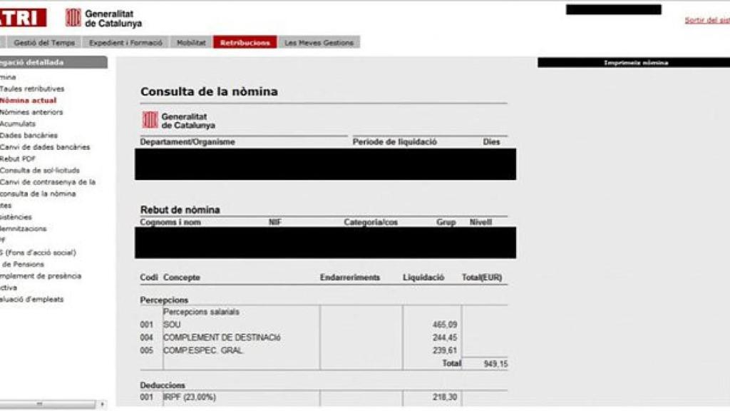 Nómina de un funcionario de la Generalidad que se puede consultar en la intranet 'hackeada'