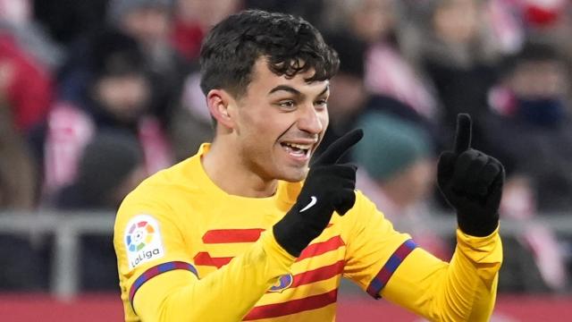 Pedri festeja el gol de la victoria del Barça contra el Girona / EFE