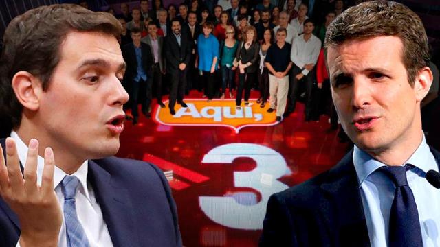 Montaje de las imágenes de Albert Rivera y Pablo Casado con TV3, objetivo de su estrategia conjunta, de fondo / CG