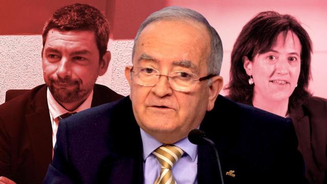 El presidente de Pimec, Josep González, en primer plano ante el expresidente de la Cámara de Comercio de Barcelona y actual candidato de JxCat, Joan Canadell y la líder de la ANC, Elisenda Paluzie / CG