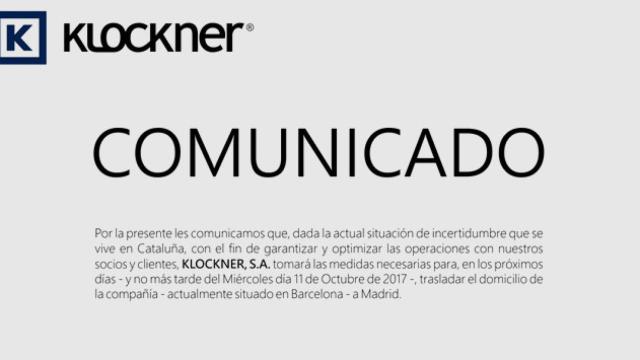 Comunicado de Klockner, comercial de material de medicina dental cuya sede deja Cataluña / TWITTER