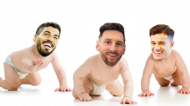 Luis Suárez, Leo Messi y Phil Coutinho en versión bebés / FOTOMONTAJE DE CULEMANÍA