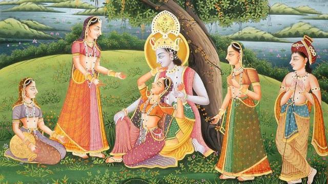 Pintura de Krishna y Radha entre vaqueras (gopis); devociones indias