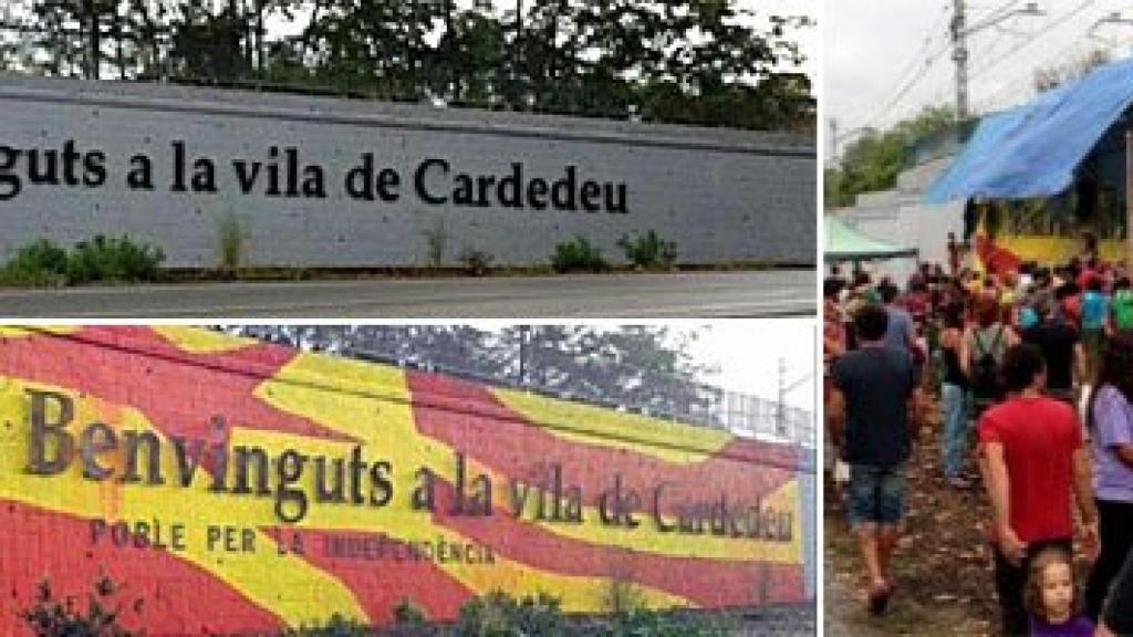 El muro situado a la entrada de Cardedeu tras la actuación del Ayuntamiento (arriba), durante la movilización para pintar la 'estelada' (derecha), y en su estado actual (abajo)