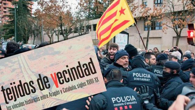 Enfrentamiento en Lleida durante la devolución de las obras de Sijena y el volumen 'Tejidos de Vecindad' / FOTOMONTAJE CG