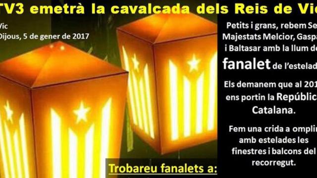 Cartel de Òmnium y ANC en la que se insta a lucir la bandera independentista en la Cabalgata de Reyes de Vic (Barcelona), retransmitida por TV3 / CG