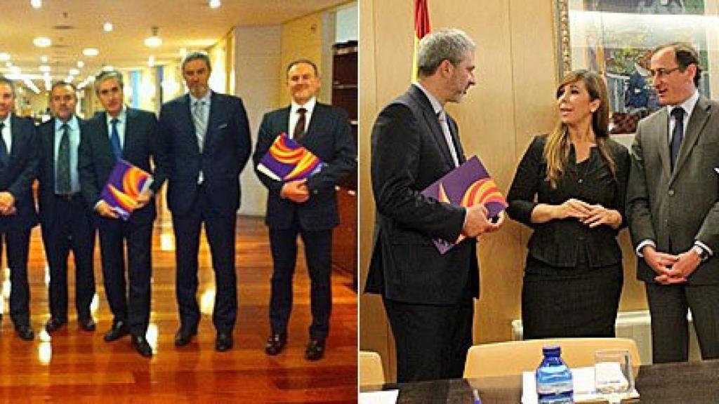 Una delegación de Sociedad Civil Catalana, en el Congreso de los Diputados, con Ramón Jáuregui (izquierda) y con Alicia Sánchez-Camacho y Alfonso Alonso