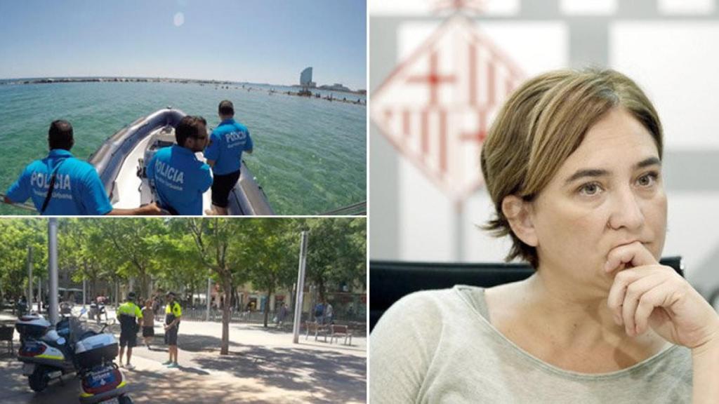 La alcaldesa de Barcelona, Ada Colau (derecha), y varios agentes de la Grupo de Playas de la Guardia Urbana