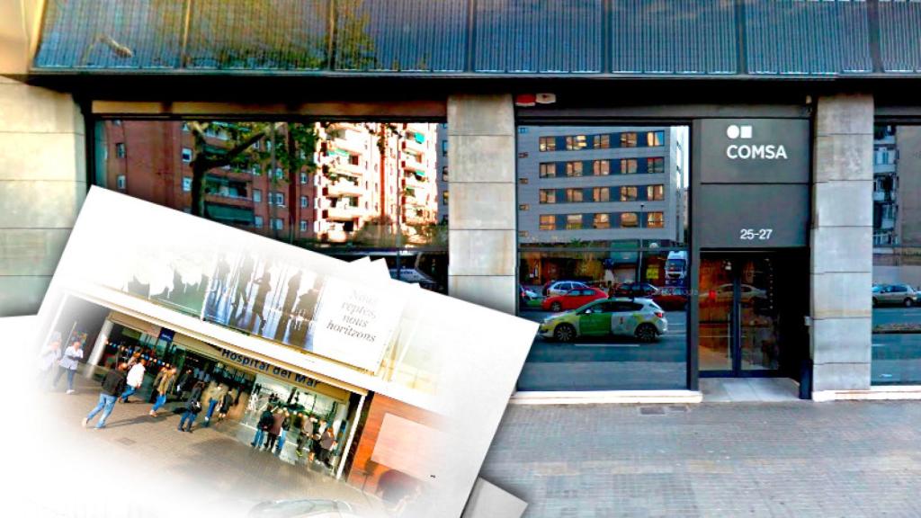 Sede de Comsa, en la que hace unos meses ya no figura el nombre de Emte, con una imagen del Hospital del Mar.