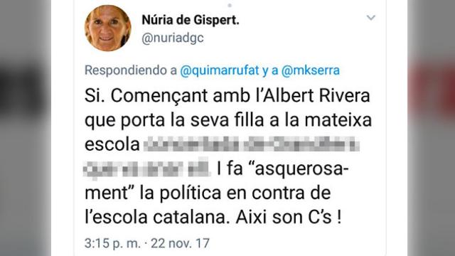 Tuit de Núria de Gispert donde desvela el colegio donde estudia la hija de Albert Rivera / CG