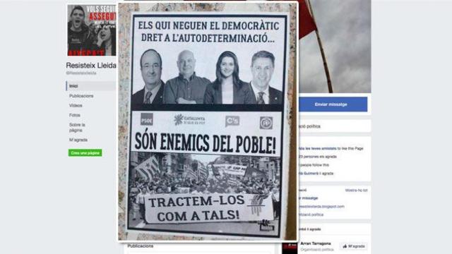 Cartel que señala a los cuatro partidos y la página de Facebook Resisteix Lleida / CG