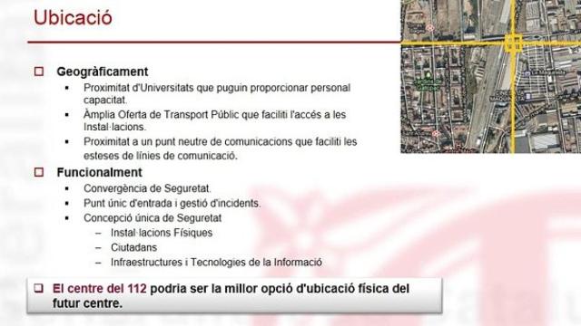 Detalle de una de las páginas de los documentos que estudian la creación de una agencia de seguridad de la Generalitat, en el que se señala el lugar en el que podría estar la sede central