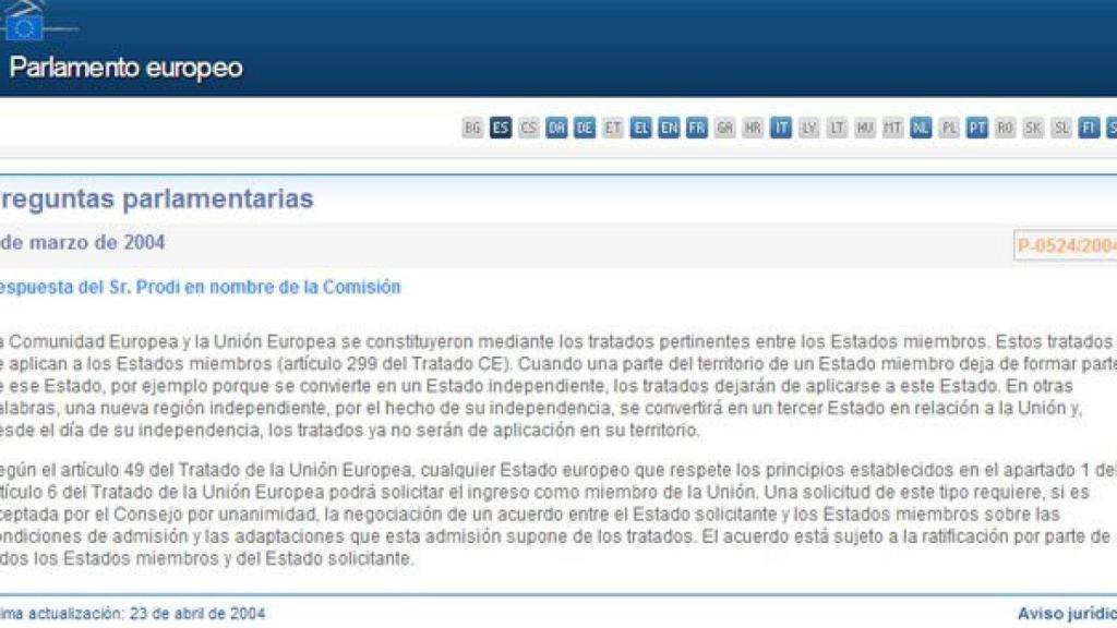 Respuesta oficial y por escrito del presidente de la Comisión Europea sobre las consecuencias de la secesión de un territorio de un Estado miembro de la UE