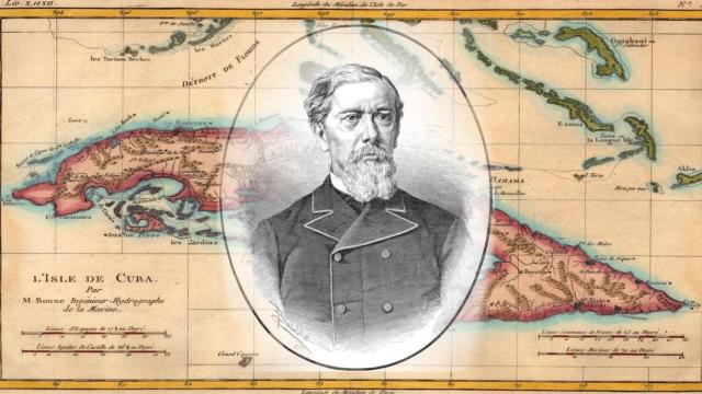 Grabado con la cara de Antonio López y el mapa de Cuba al fondo / BIBLIOTECA NACIONAL DE ESPAÑA