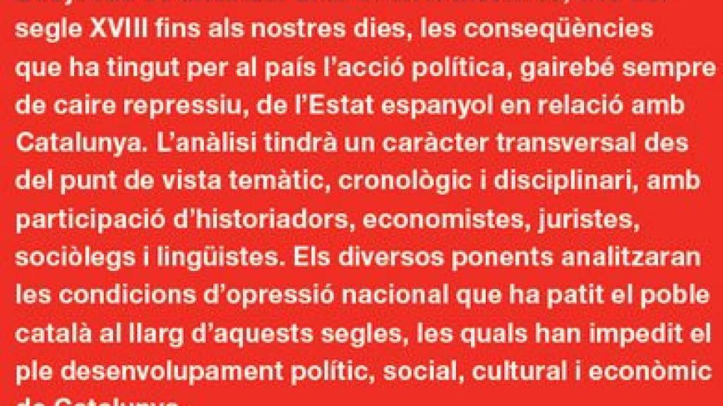 Díptico promocional del simposio España contra Cataluña: una mirada histórica (1714-2014), organizado por la Generalidad y por el Instituto de Estudios Catalanes