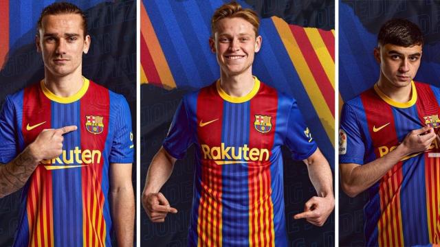 Antoine Griezmann, Frenkie De Jong y Pedri Gonzalez con la camiseta especial del Barça para el clásico en un fotomontaje / CULEMANÍA